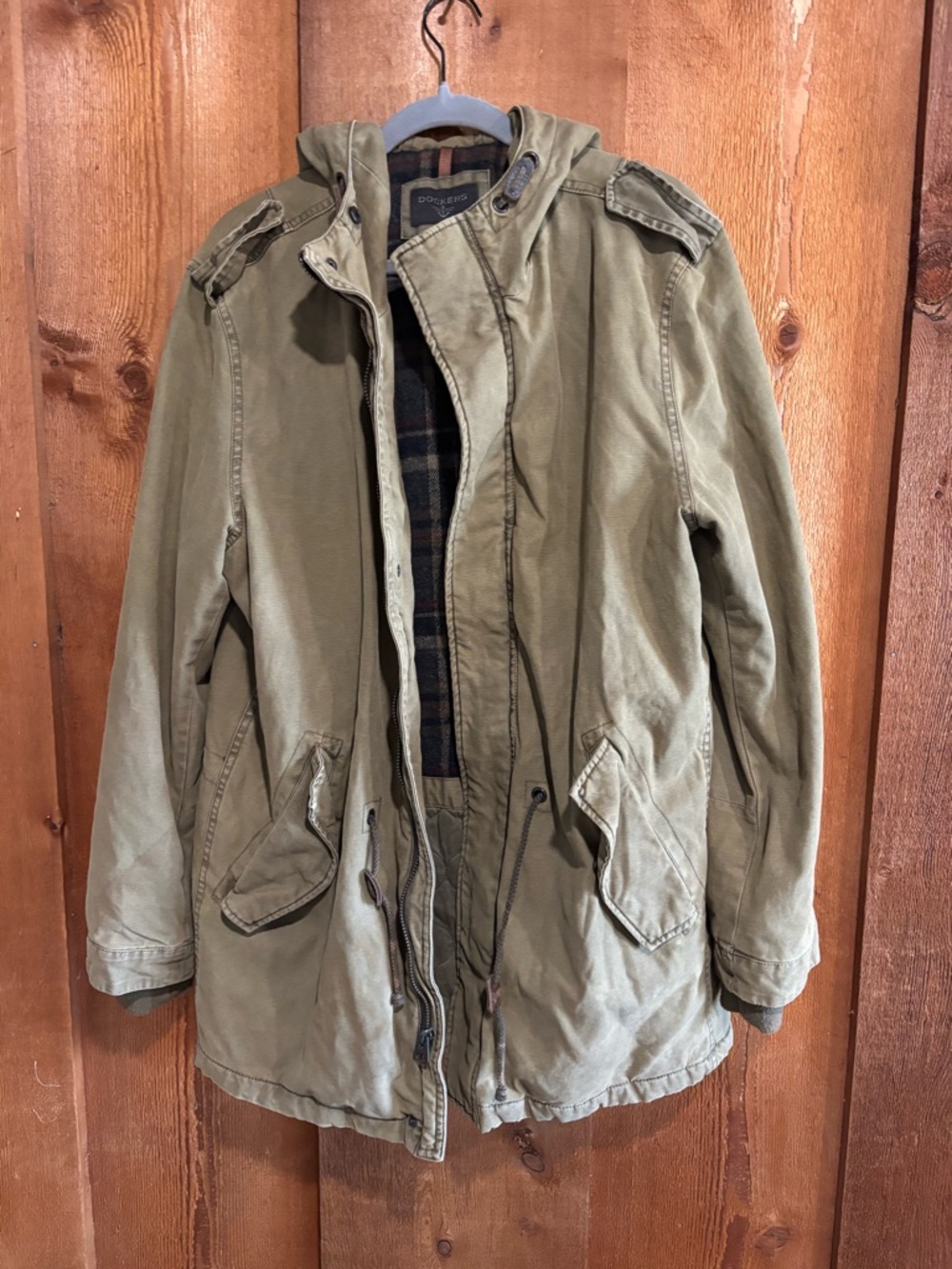 Dockers Mens Medium Olive Green Hooded Military Parka Field Jacket Plaid Lined